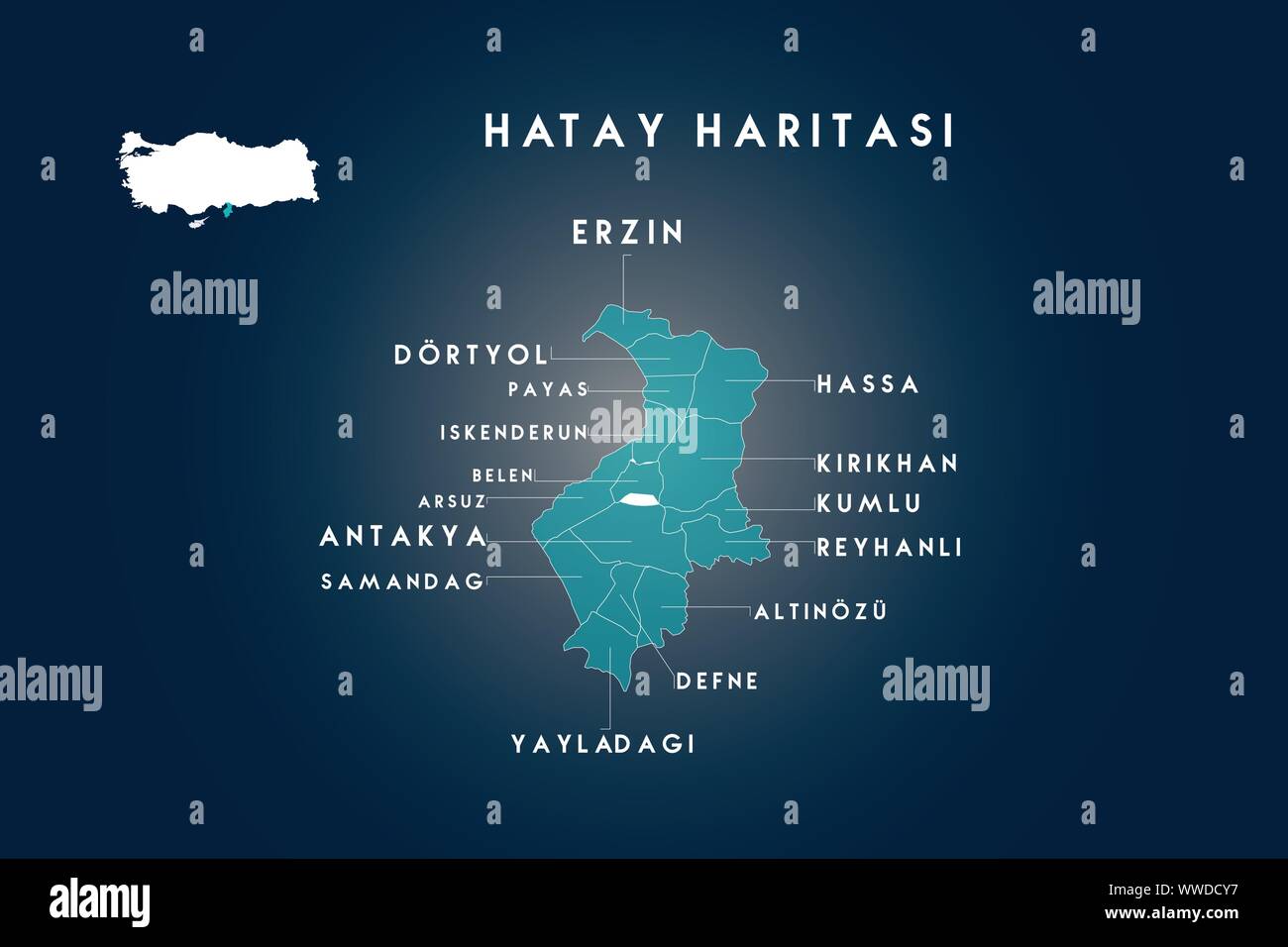 Hatay districts erzin, arsuz, dortyol, payas, iskenderun, belen, samandag, defne, antakya, yayladagi, altinozu, reyhanli, kumlu, kirikhan, hassa map, Stock Vector