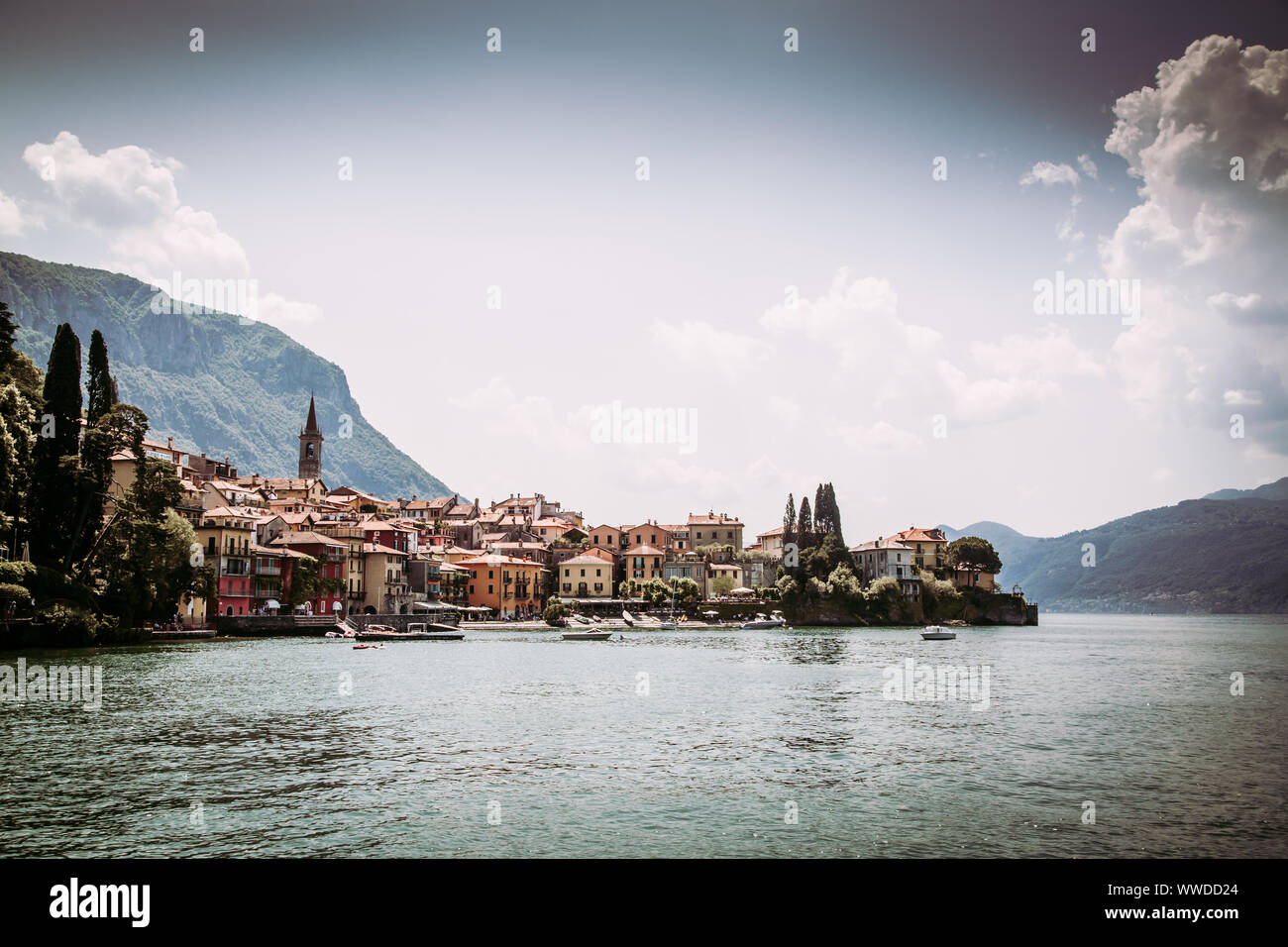 Filtered image of Varenna town seen from Como Lake in Italy Stock Photo