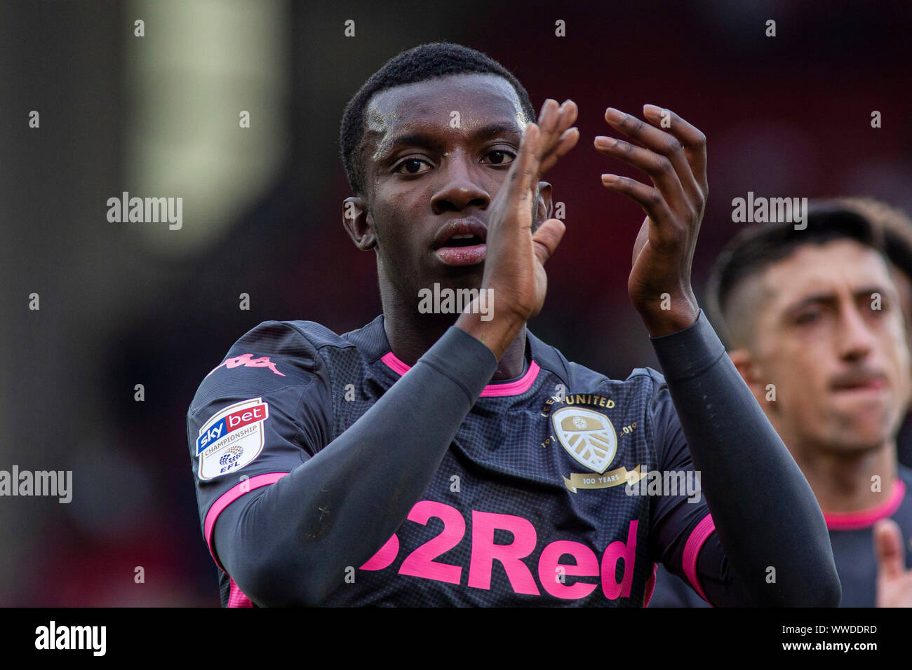 Barnsley, UK. 15th Sep, 2019. Eddie Nketiah of Leeds United applauds the away fans after the game. EFL Skybet championship match, Barnsley v Leeds United at Oakwell in Barnsley on Sunday 15th September 2019. this image may only be used for Editorial purposes. Editorial use only, license required for commercial use. No use in betting, games or a single club/league/player publications. pic by Lewis Mitchell/Andrew Orchard sports photography/Alamy Live news Credit: Andrew Orchard sports photography/Alamy Live News Stock Photo