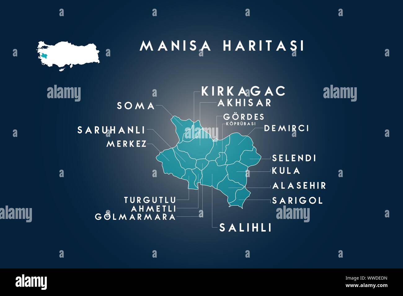 Manisa districts soma, saruhanli, turgutlu, ahmetli, golmarmara, salihli, sarigol, alasehir, kula, selendi, demirci, koprubasi, gordes, akhisar, kirka Stock Vector