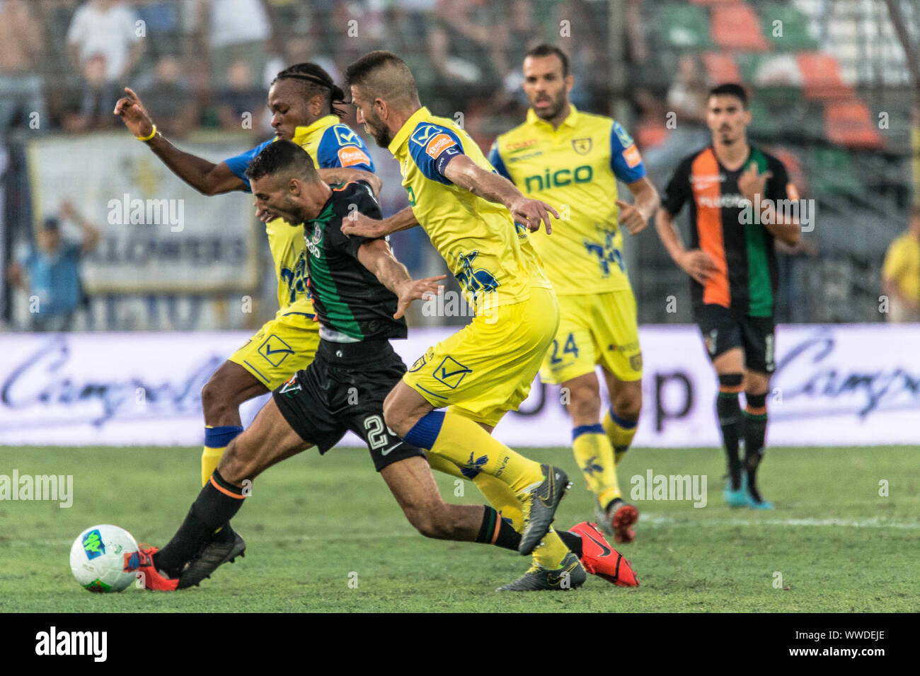 RICCARDO BOCALON OF VENZIA FC THWARTED FROM JOEL OBI OF CHIEVO VERONA AND  DA BOSTJAN CESAR OF CHIEVO VERONA during Venezia Vs Chievo , Venezia, Italy  Stock Photo - Alamy