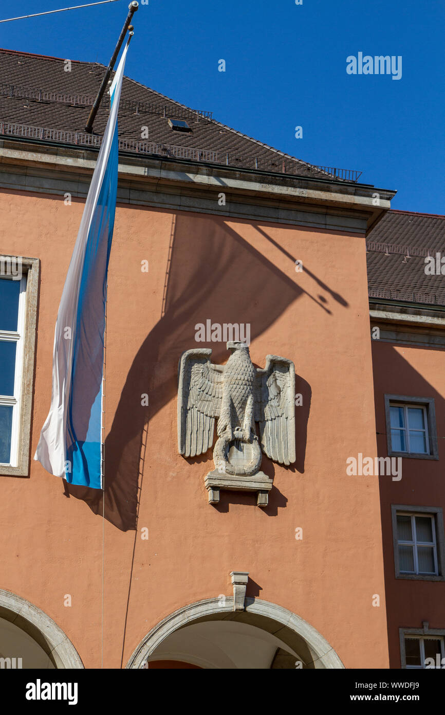 A Third Reich Eagle still in place on the former tax offices on Sophienstraße in Munich, Bavaria, Germany. Stock Photo
