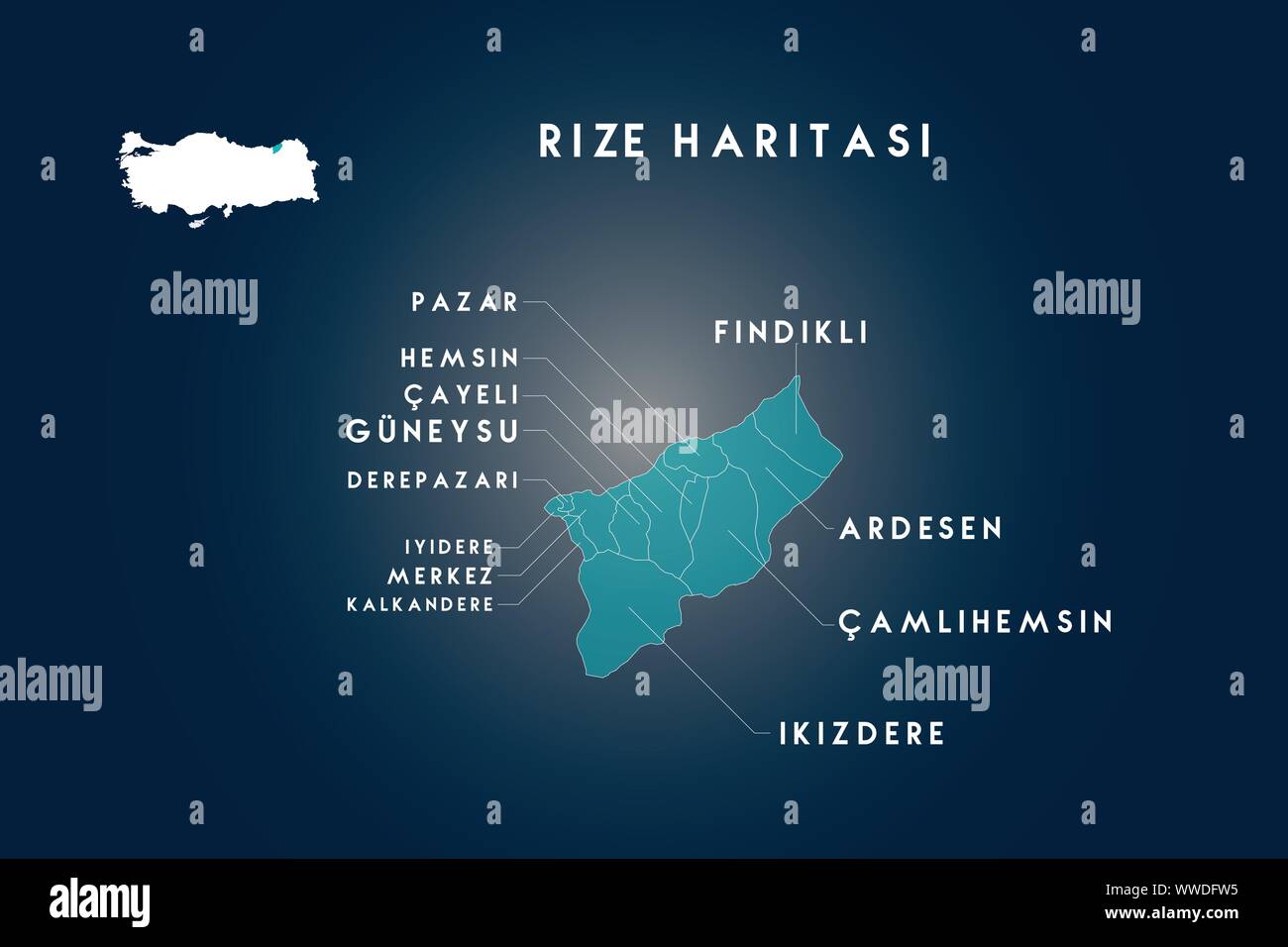 Rize districts Cayeli, Ardesen, Pazar, Findikli, Guneysu, Kalkandere, iyidere, Derepazari, Camlihemsin, ikizdere, Hemsin map, Turkey Stock Vector