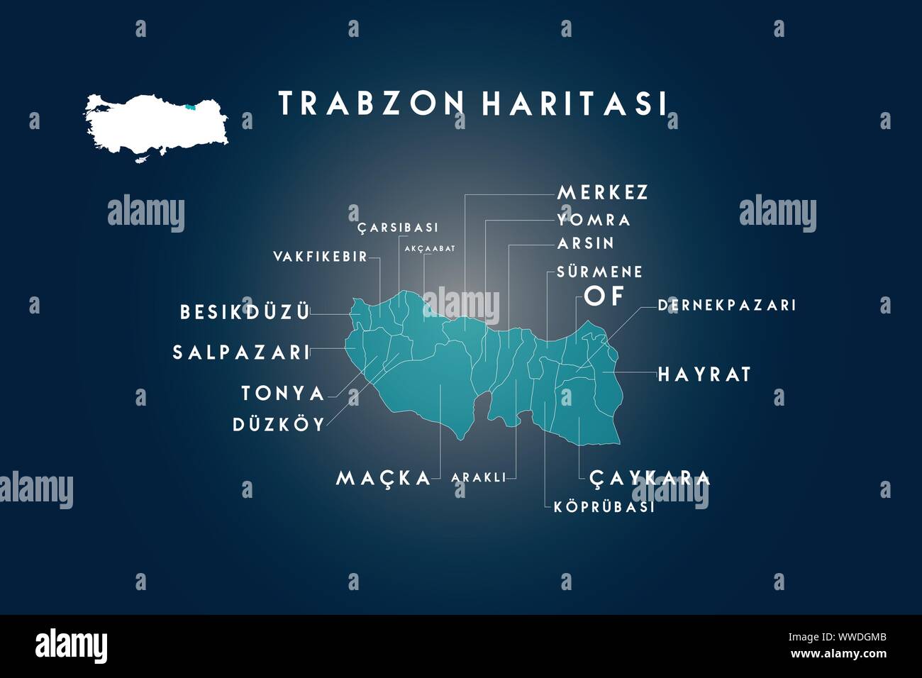 Trabzon districts carsibasi, akcaabat, vakfikebir, besikduzu, salpazari, tonya, duzkoy, macka, arakli, koprubasi, caykara, hayrat, dernekpazari, of, s Stock Vector