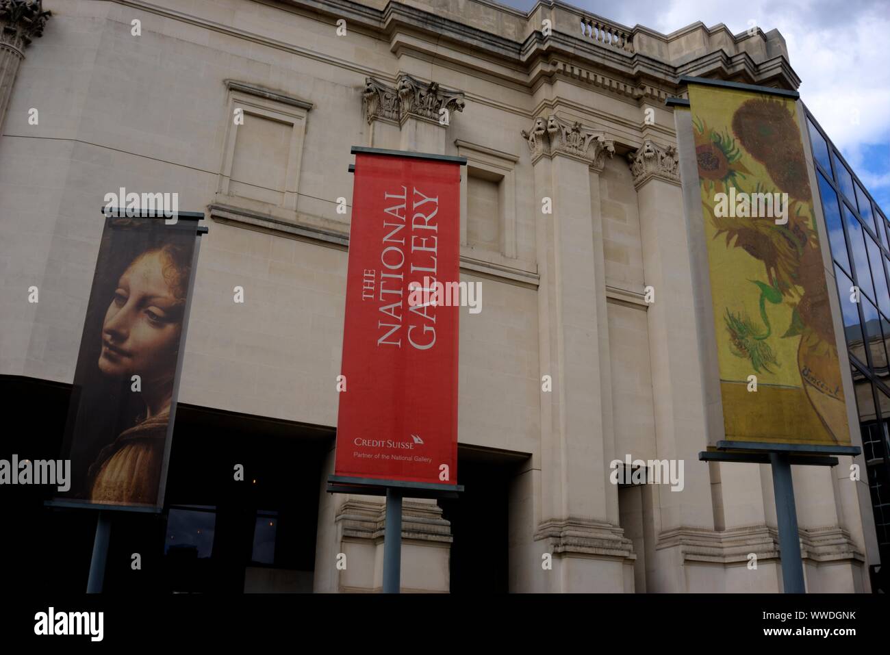 Trafalgar Square, London, United Kingdom - September 7, 2019: Close up of banners indicating entrance to National Gallery Stock Photo