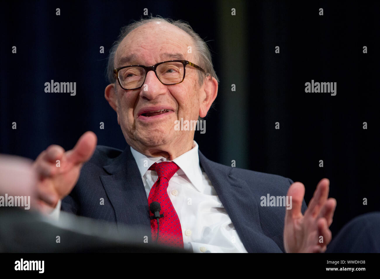 Former Chair of the Federal Reserve of the United States, Alan Greenspan speaks at a conference at the National Association of Business Economics, NABE. Stock Photo