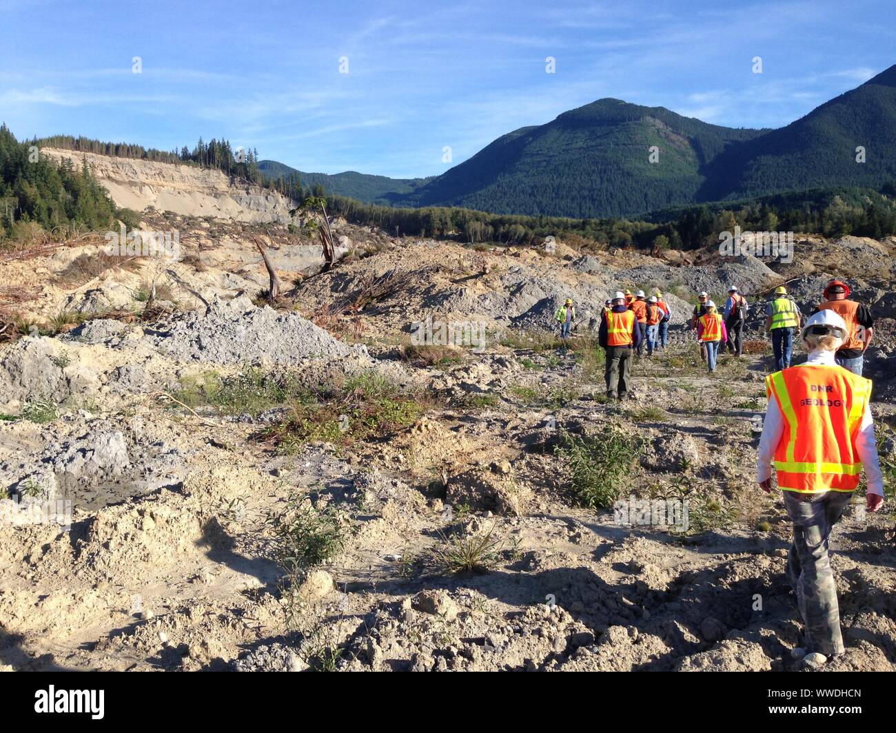 Geologists examine the 2014 Oso Landslide, North Fork Stillaguamish River Valley, Snohomish County, Washington, USA Stock Photo