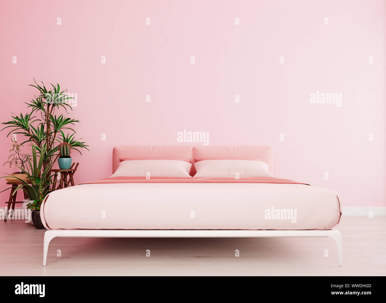 Millennial pink mock up wall with pink bed in modern interior ...