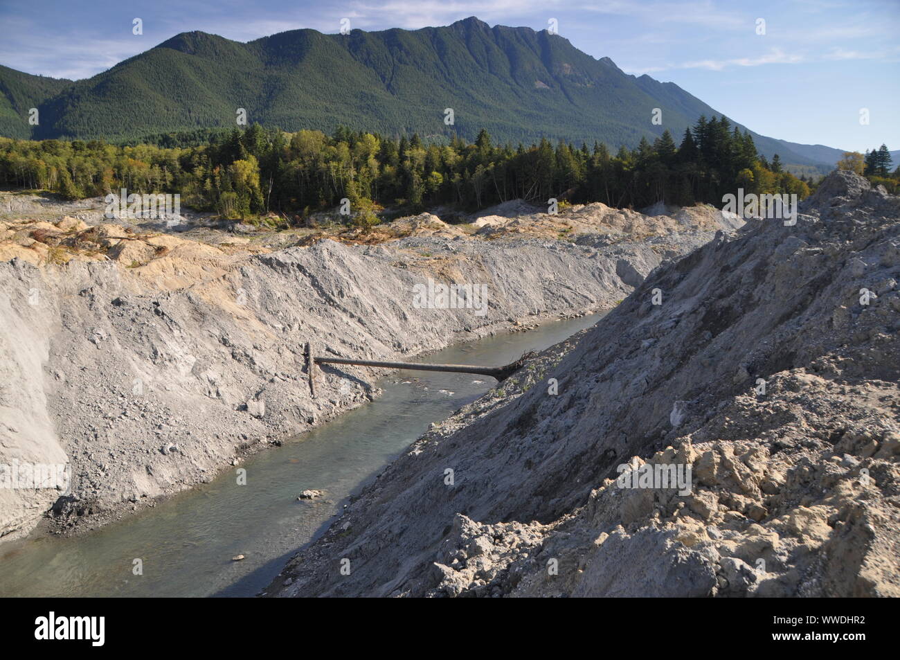 North Fork Stillaguamish River where it has cut through the 2014 Oso landslide deposit, Snohomish County, Washington, USA Stock Photo