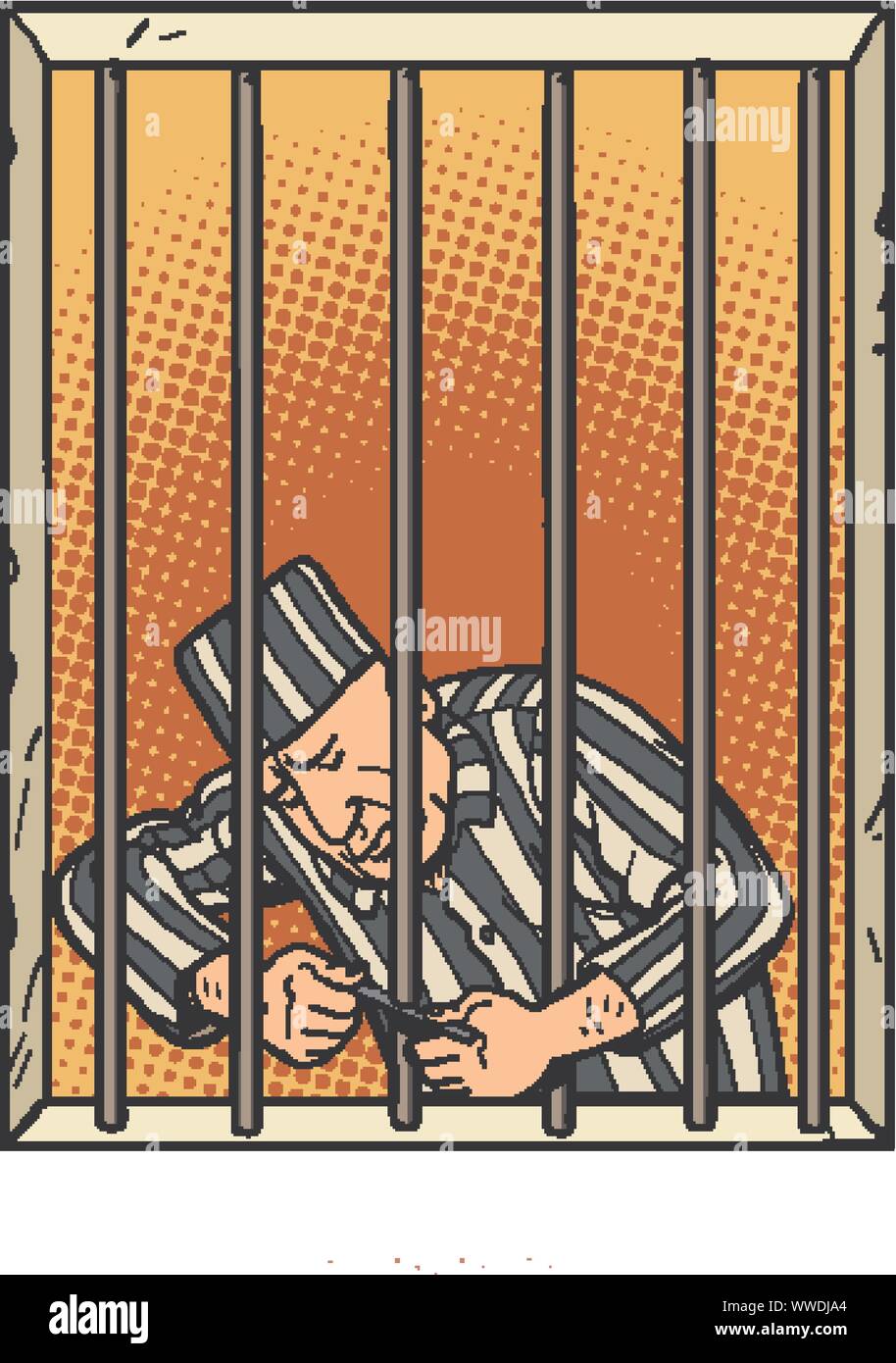 A prisoner escapes from prison. Jailbreak. Comic cartoon pop art retro illustration hand drawing Stock Vector
