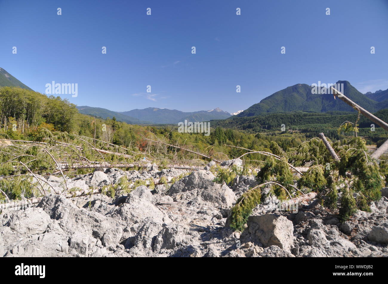 2014 fatal Oso Landslide deposit, with Glacier Peak in the background, Oso Landslide, North Fork Stillaguamish River Valley, Snohomish County, WA, USA Stock Photo