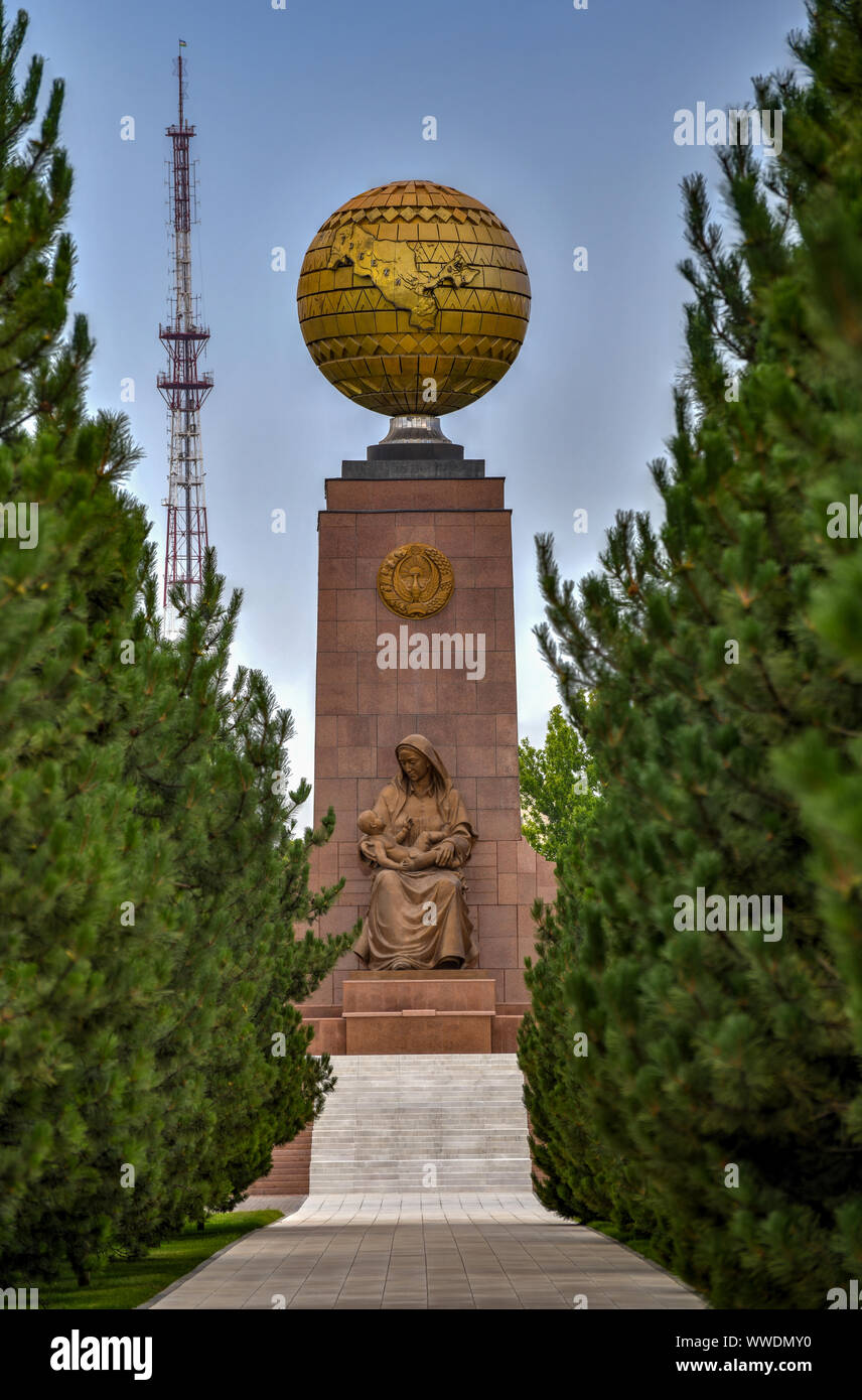 Independence Monument and the Blessed Mother at the Independence Square in Tashkent, Uzbekistan. Stock Photo