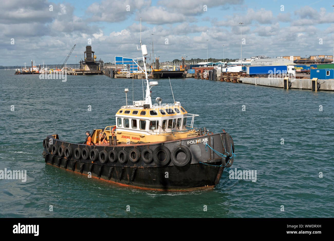 Port of Poole, southern England, UK. September 2019.  The Tug Polmear underway and working in Poole Harbour Stock Photo