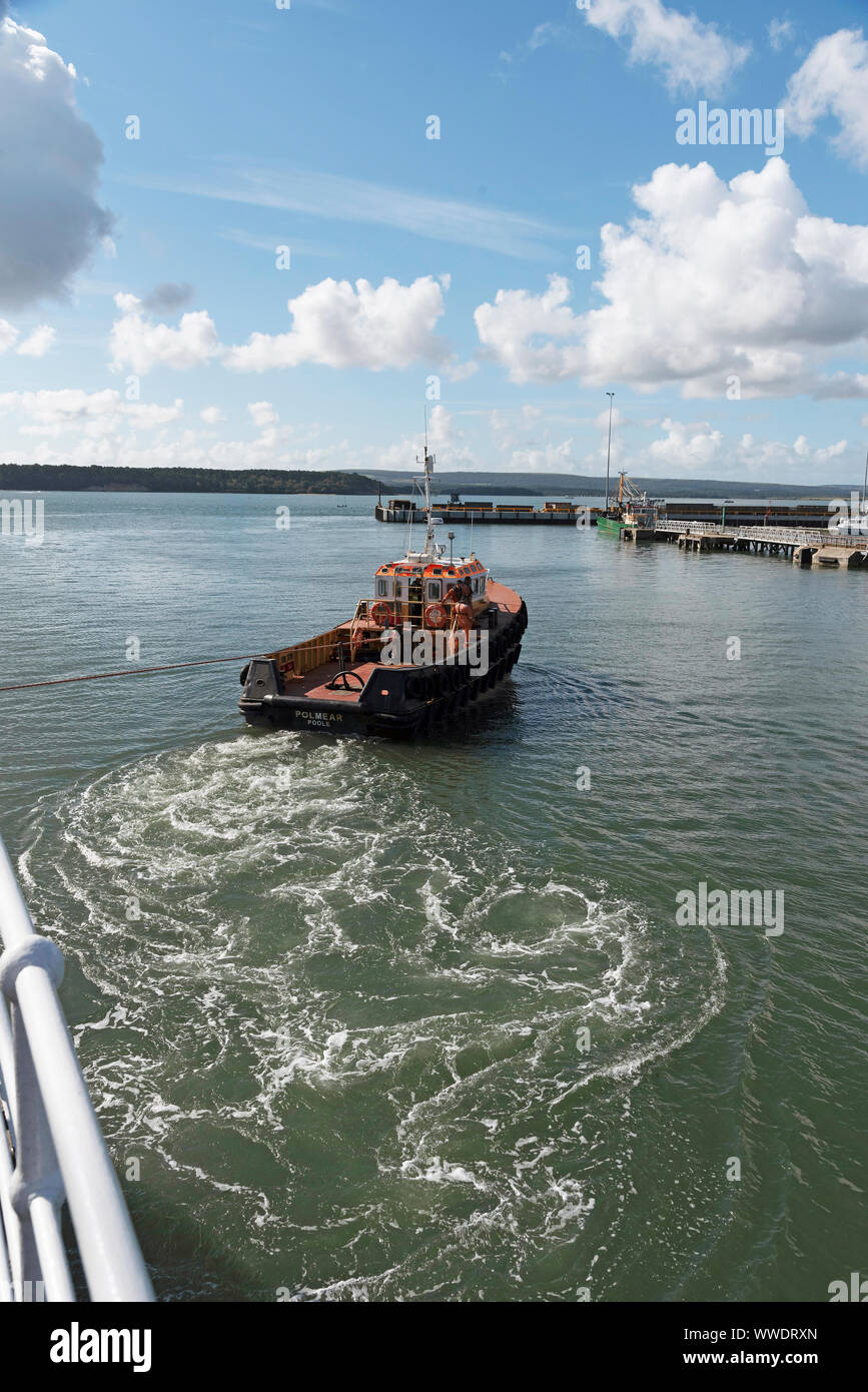 Port of Poole, southern England, UK. September 2019.  The Tug Polmear underway and working in Poole Harbour Stock Photo