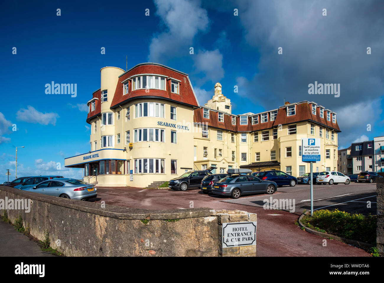 Porthcawl Seabank Hotel on the seafront in the South Wales seaside resort of Porthcawl. Opened in the 1930s as the Seabank Hydro Hotel. Stock Photo