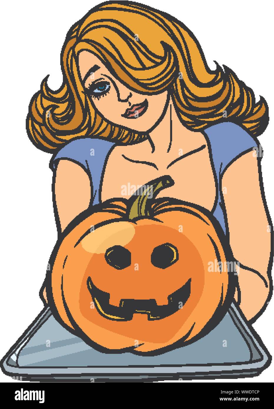 Woman invites on Halloween, holds a tray pumpkin Jack. comic cartoon pop art retro vector illustration drawing Stock Vector