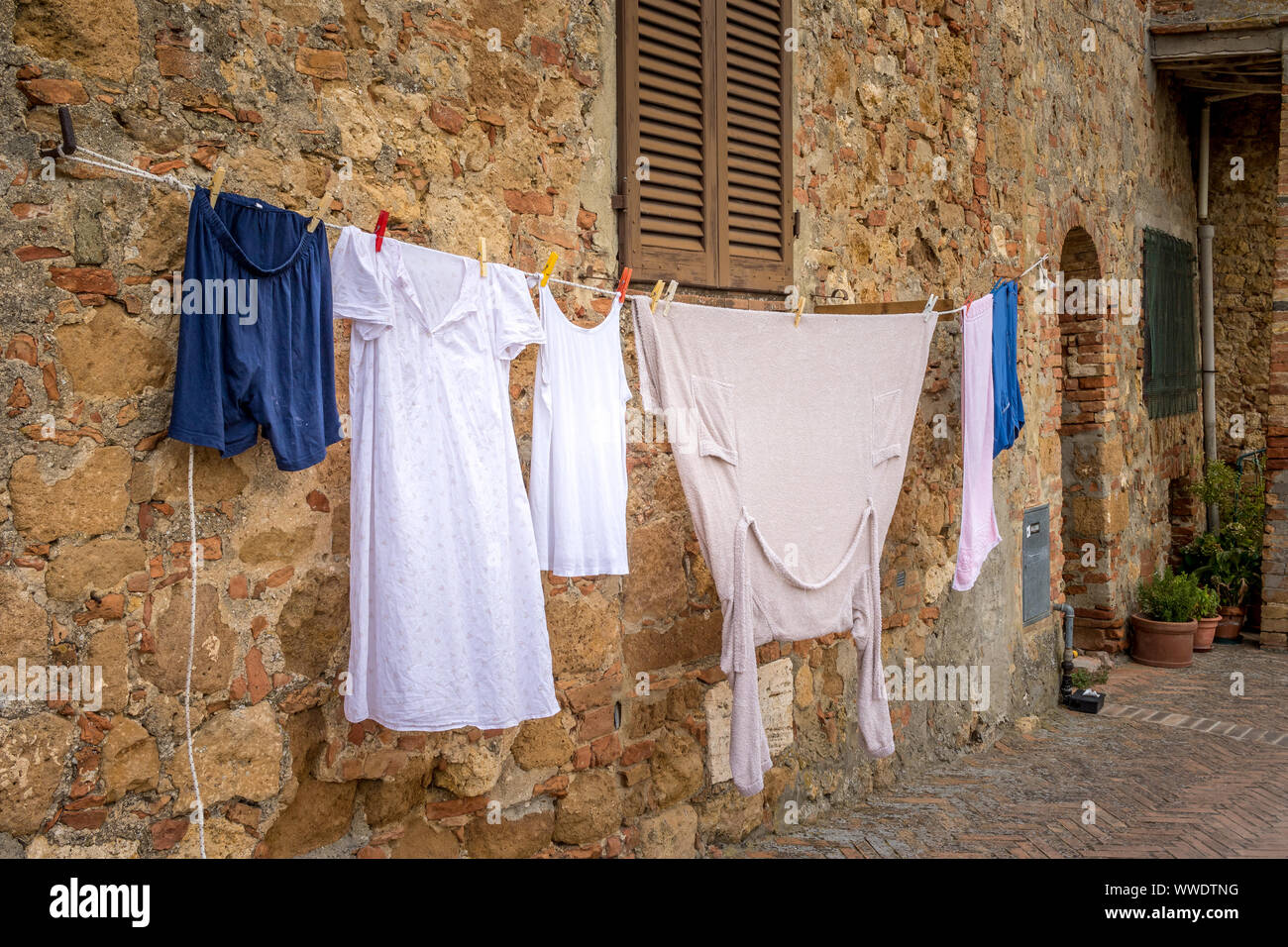 view of Italian rural house with hanging clothes Stock Photo