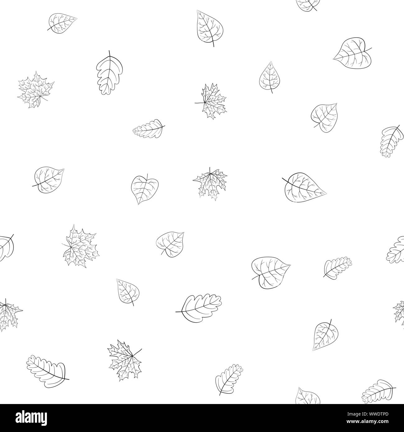 abstract vector doodle autumn leaves seamless pattern - black and white ...