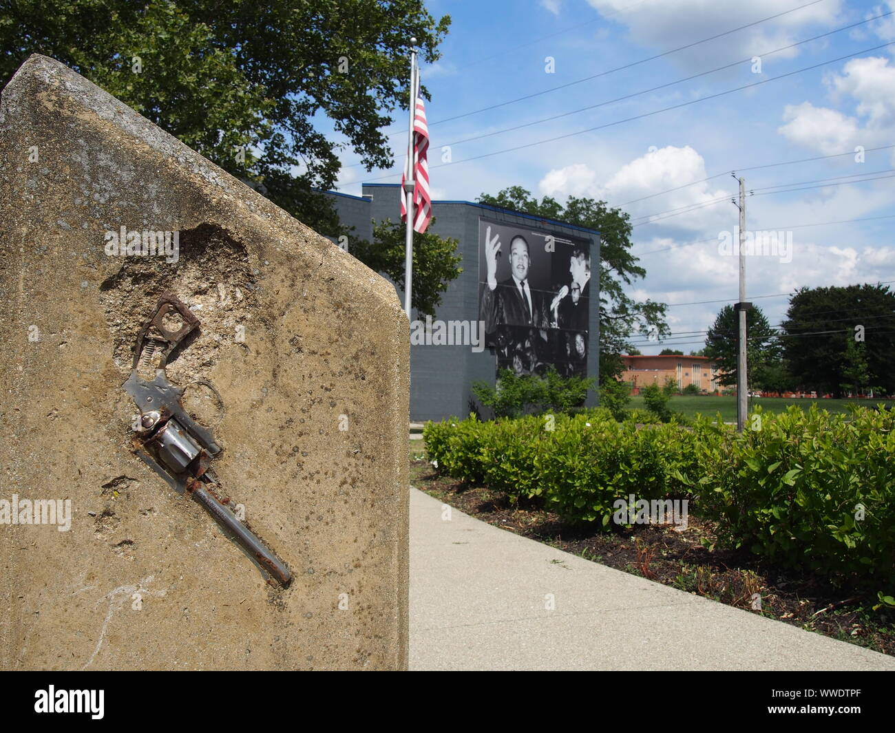 Hand gun embedded in concrete marker at the site of Robert F. Kennedy's April 6, 1968 speech following Dr. Martin Luther King, Jr.'s assassination, In Stock Photo