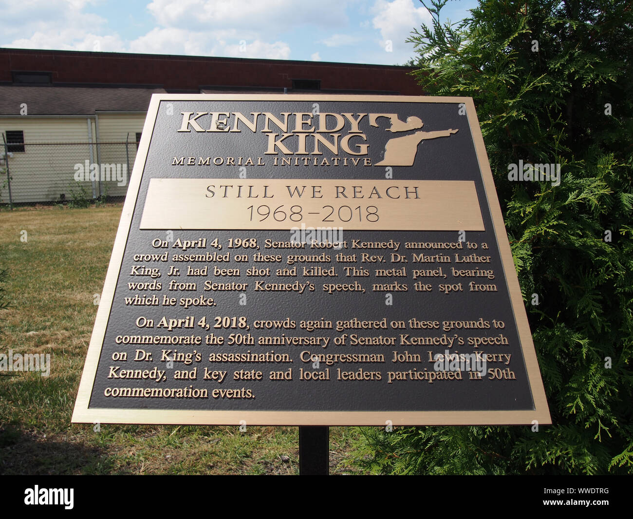 Placard marking the spot where Robert F. Kennedy stood as he made his April 6, 1968 following Dr. Martin Luther King, Jr.'s assassination, Indianapoli Stock Photo