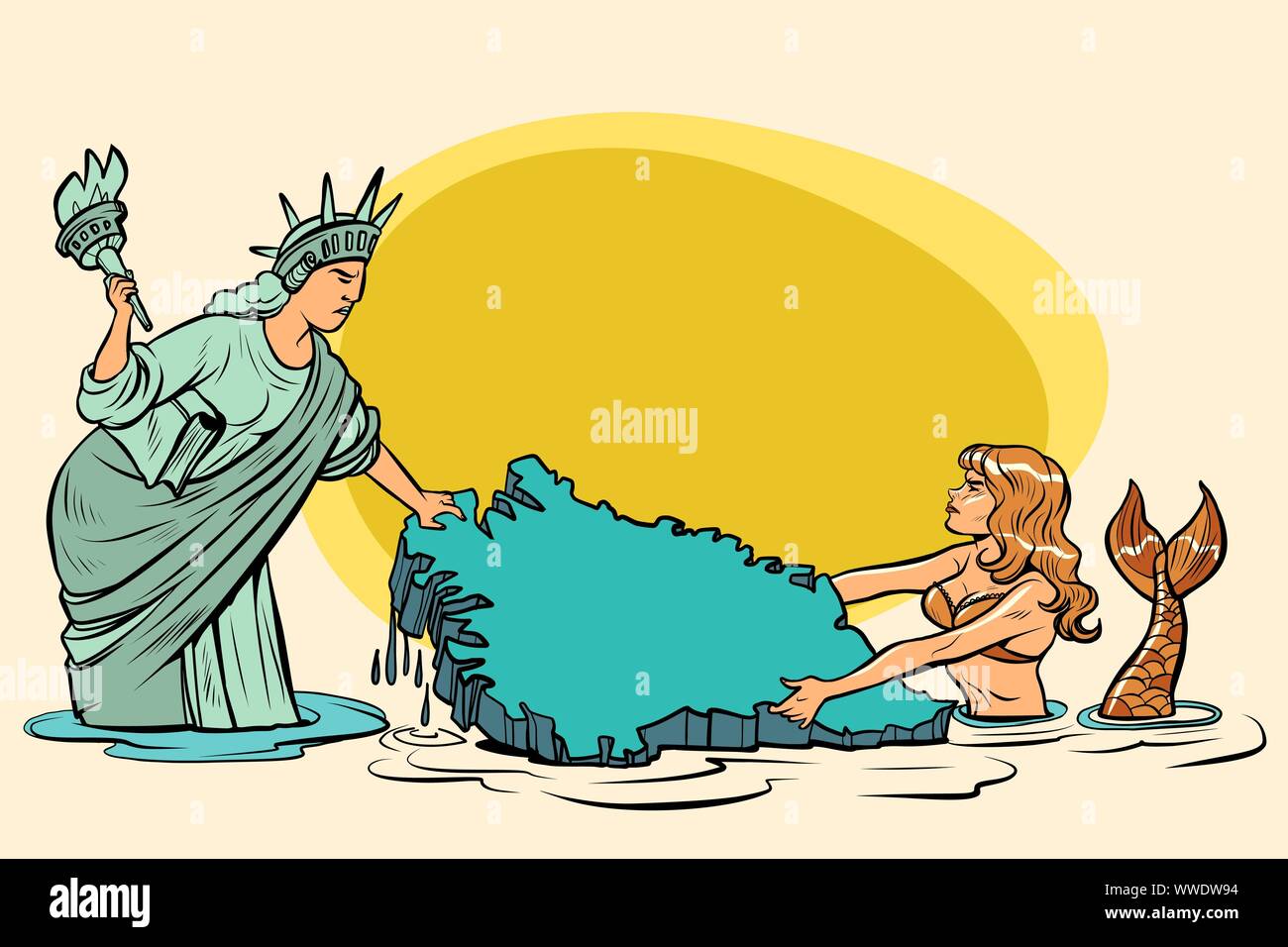 Caricature. USA and Denmark are pulling Greenland. American statue of liberty vs. Danish mermaid. comic cartoon pop art retro vector illustration draw Stock Vector