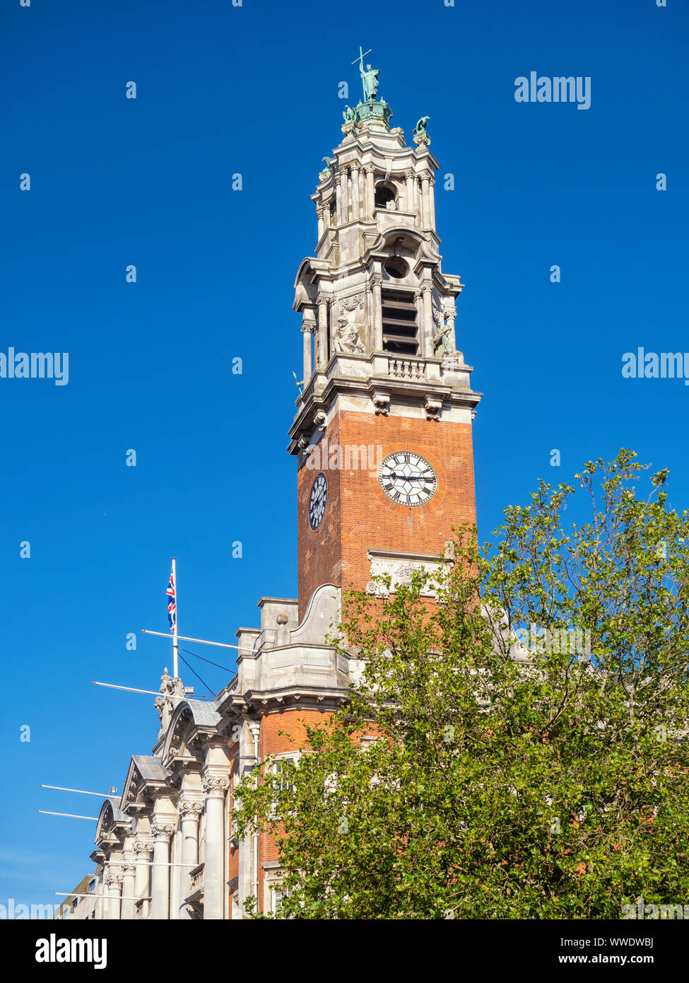 COLCHESTER, ESSEX - AUGUST 11, 2018:  The clock tower of the Town Hall Building Stock Photo