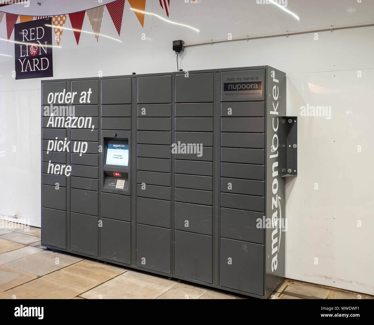 COLCHESTER, ESSEX - AUGUST 11, 2018:  Amazon Pick up Pont Locker in retail setting Stock Photo