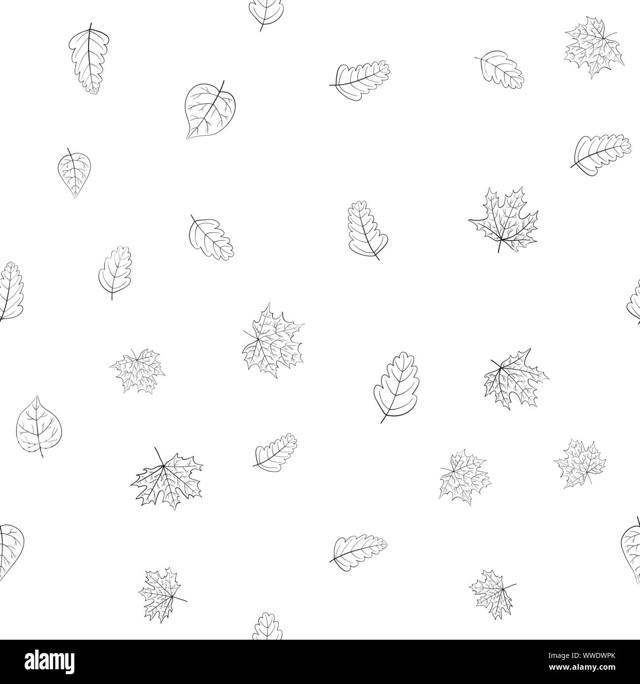 abstract vector doodle autumn leaves seamless pattern - black and white ...