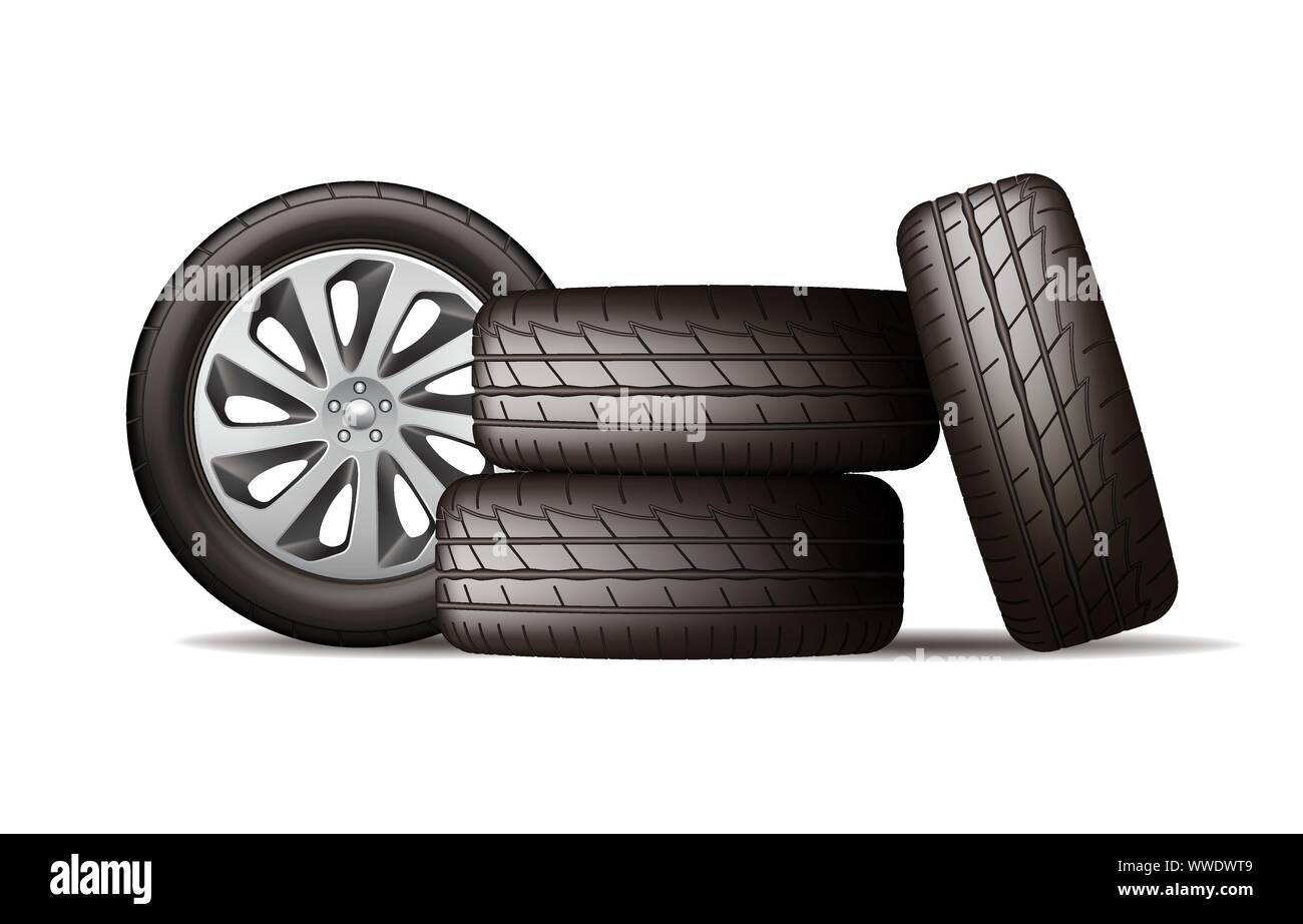Realistic new black car wheels stack, four tires Stock Vector