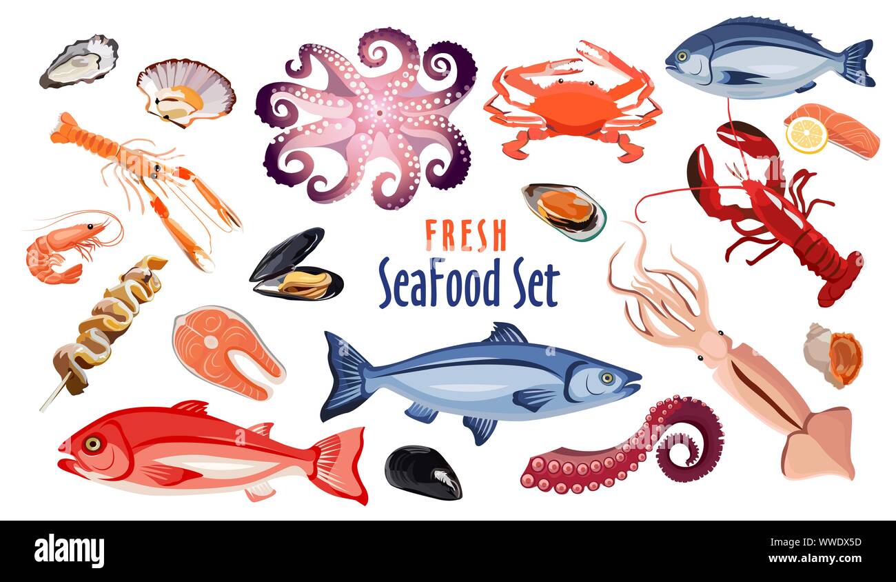 Fresh seafood icon set, products for restaurant or cafe design Stock Vector