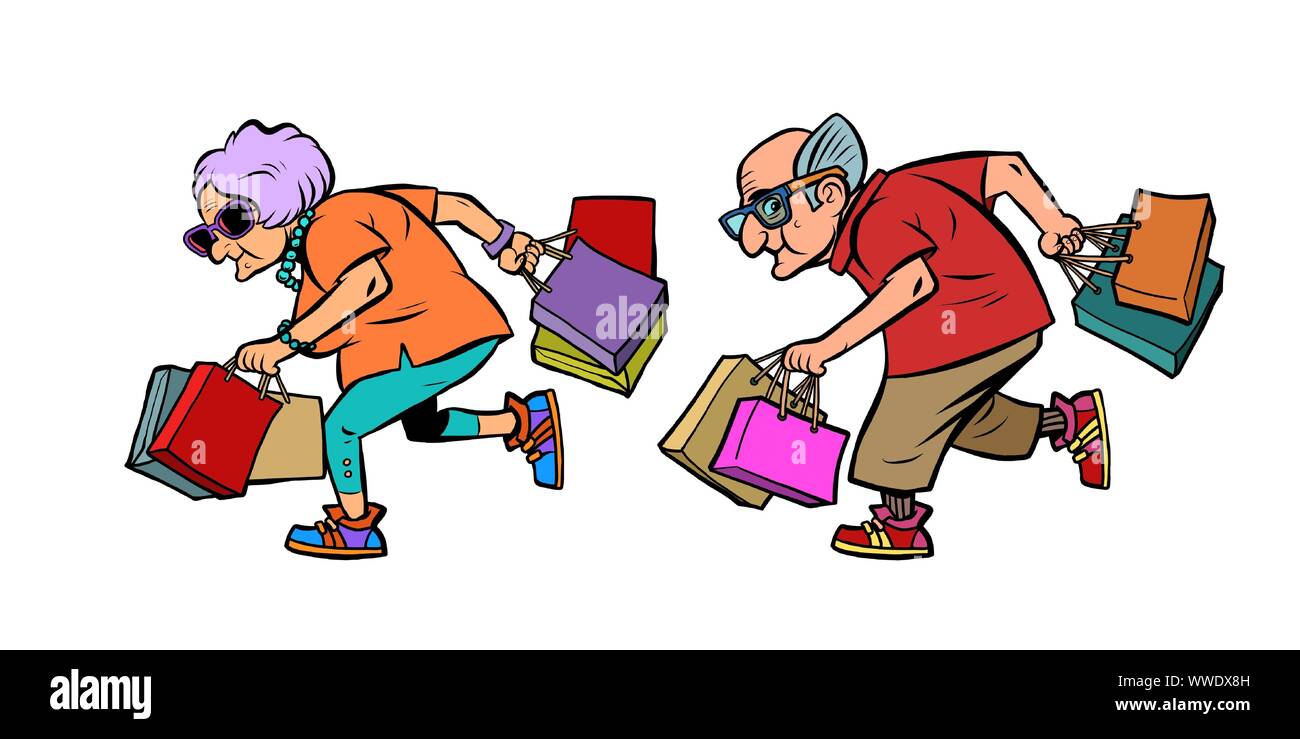 Elderly couple grandparents with shopping. Comic cartoon pop art retro vector illustration drawing Stock Vector
