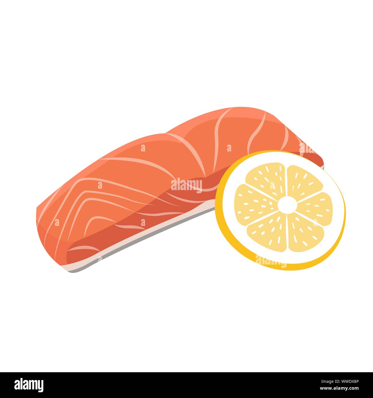 Meat vector - red fish salmon steak with lemon cuts. Fresh meat icon. Stock Vector