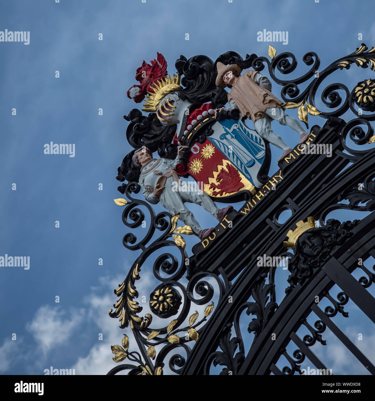 COLCHESTER, ESSEX, UK - AUGUST 11, 2018:  Detail of the ornate gates at the entrance to Castle Park Stock Photo