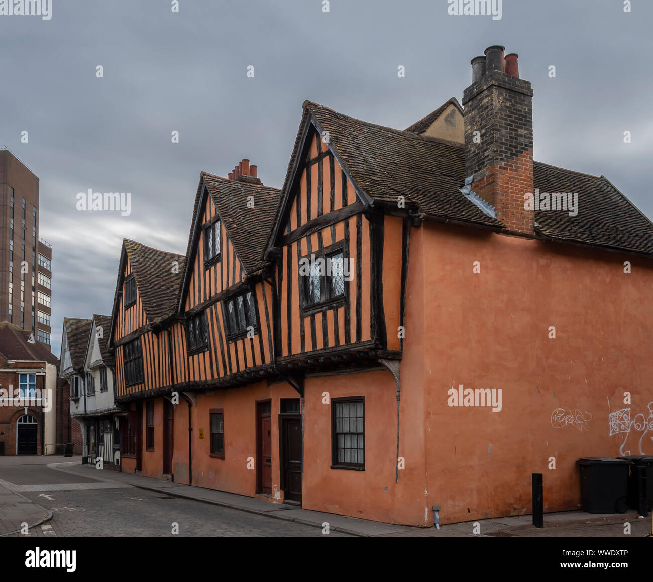 IPSWICH, SUFFOLK, UK - AUGUST 11, 2018:  Half timbered houses on the medieval Silent Street in the City centre Stock Photo