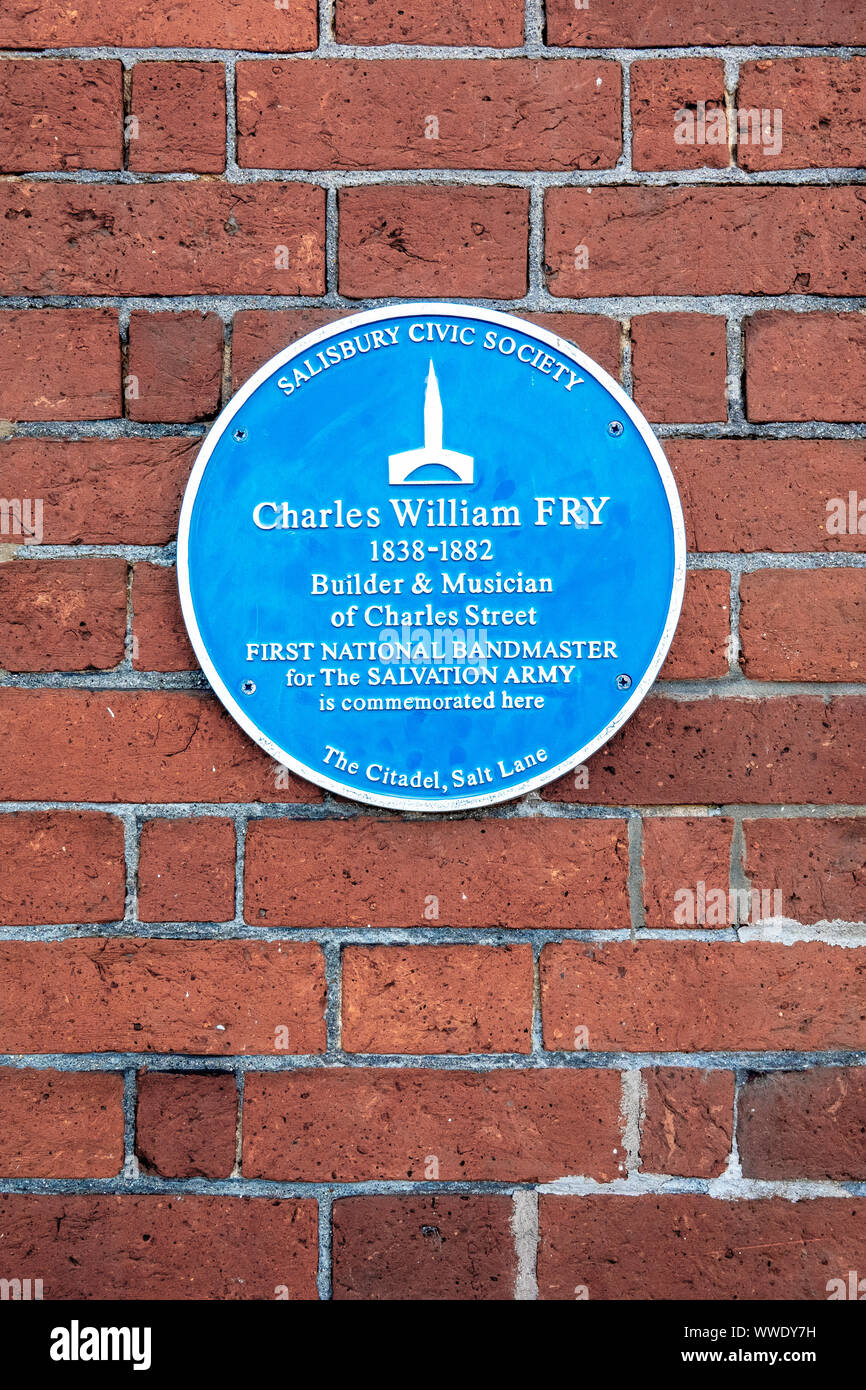 Blue plaque in memory of Charles William Fry the first national bandmaster of the Salvation Army Stock Photo