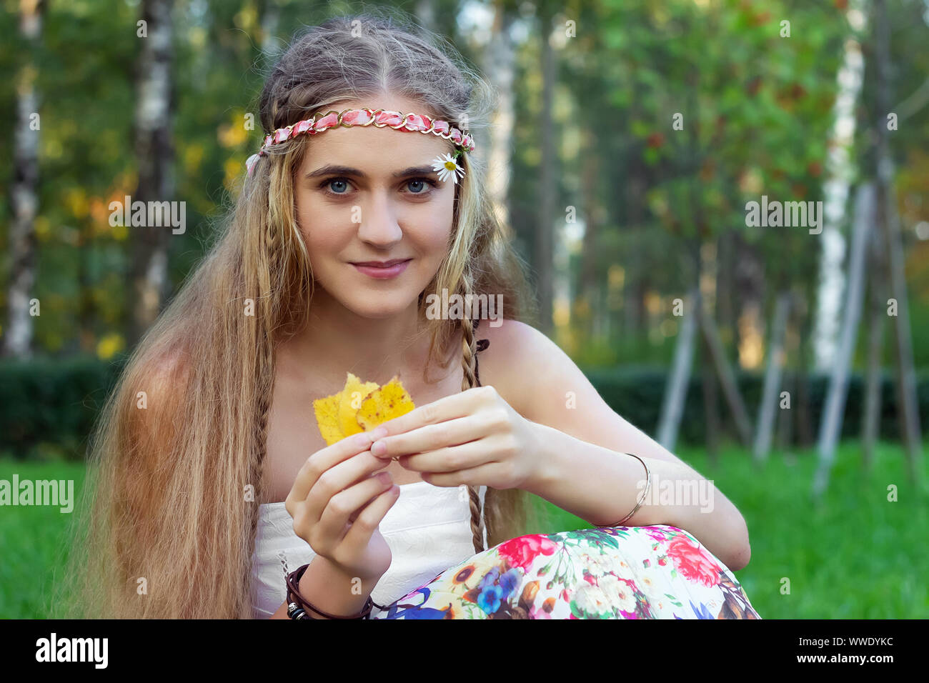 hippie girl portrait flowers   romantic vintage  lifestyle Stock Photo