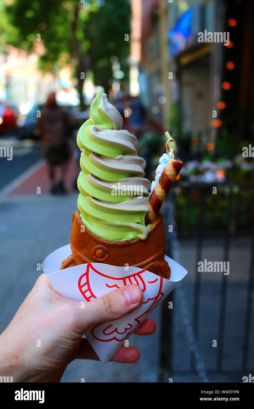 Taiyaki ice cream, served in fish-shaped pancake cone, are sold in a recently open Chinatown location in Manhattan on July 22nd, 2019 in New York, USA Stock Photo