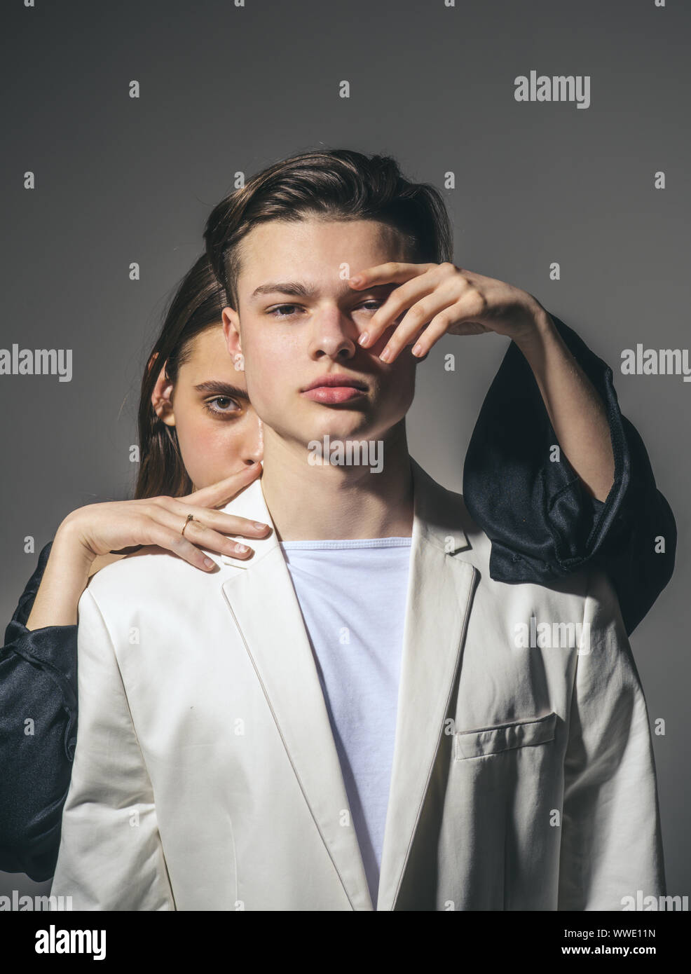 Hair style and skincare. Fashion couple in love. Beauty and fashion. Friendship relations. Family bonds. Man and woman. girl touch her boy on face. re Stock Photo - Alamy Hair style and skincare. Fashion couple in love. Beauty and fashion. Friendship relations. Family bonds. Man and woman. girl touch her boy on face. re Stock Photo - Alamy