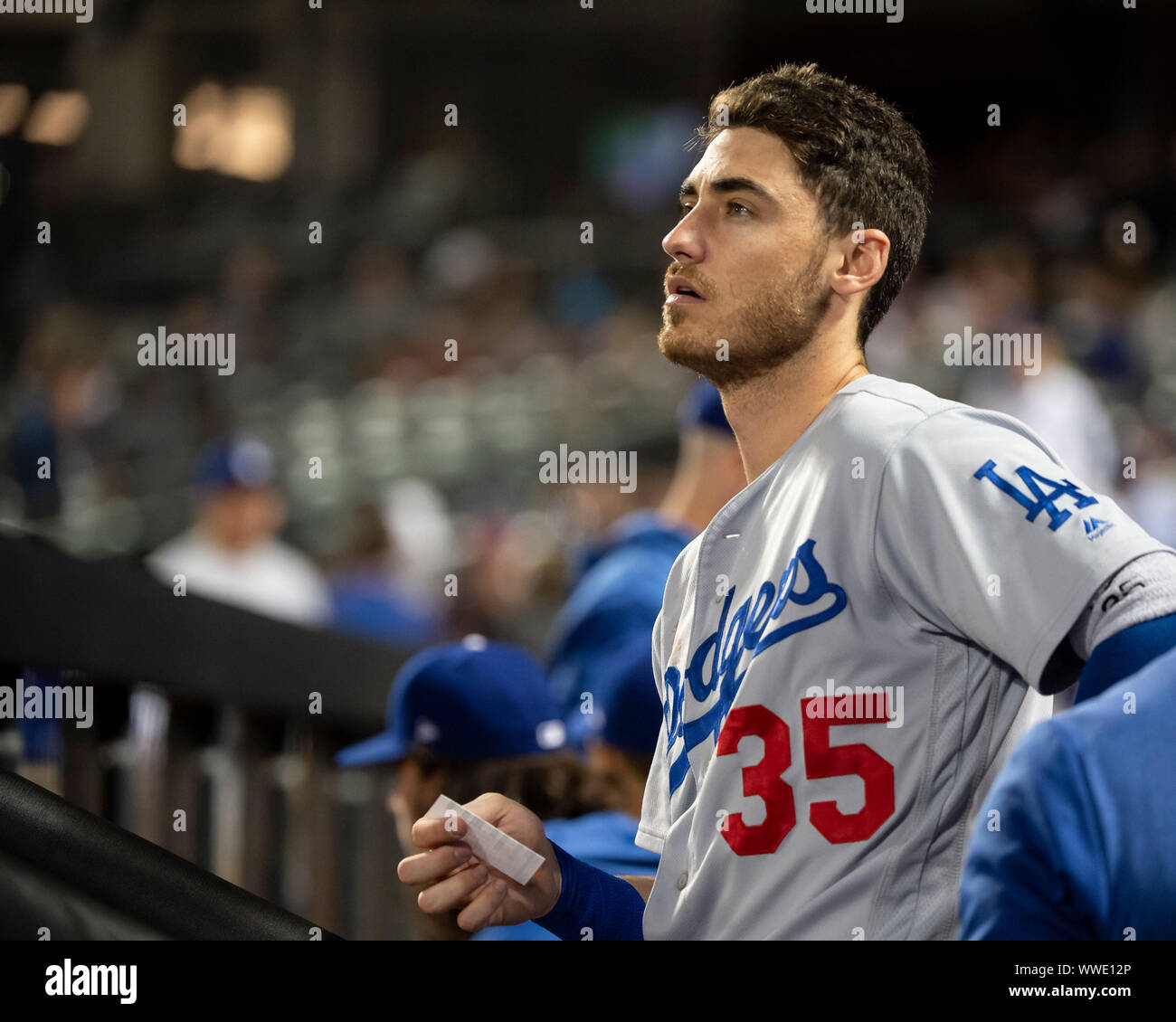 Queens, New York, USA. 13th Sep, 2019. Los Angeles Dodgers right fielder Cody Bellinger (35) looks on from the dugout during the game between The New York Mets and The Los Angeles Dodgers at Citi Field in Queens, New York. Mandatory credit: Kostas Lymperopoulos/CSM/Alamy Live News Stock Photo