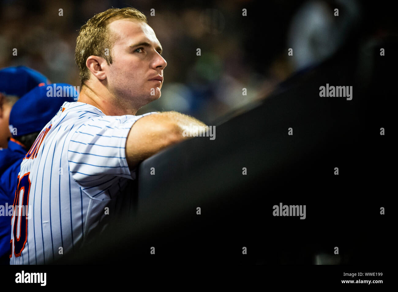 September 13, 2019: New York Mets first baseman Pete Alonso (20) looks on from the top of the dugout during the game between The New York Mets and The Los Angeles Dodgers at Citi Field in Queens, New York. Mandatory credit: Kostas Lymperopoulos/CSM Stock Photo