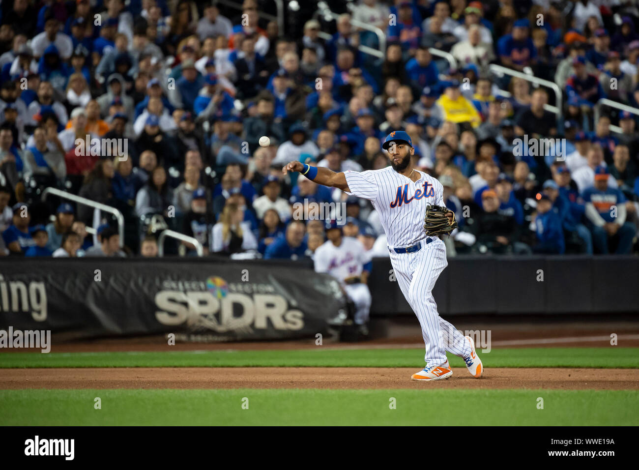 September 13, 2019: New York Mets shortstop Amed Rosario (1) throws the ball to first base during the game between The New York Mets and The Los Angeles Dodgers at Citi Field in Queens, New York. Mandatory credit: Kostas Lymperopoulos/CSM Stock Photo