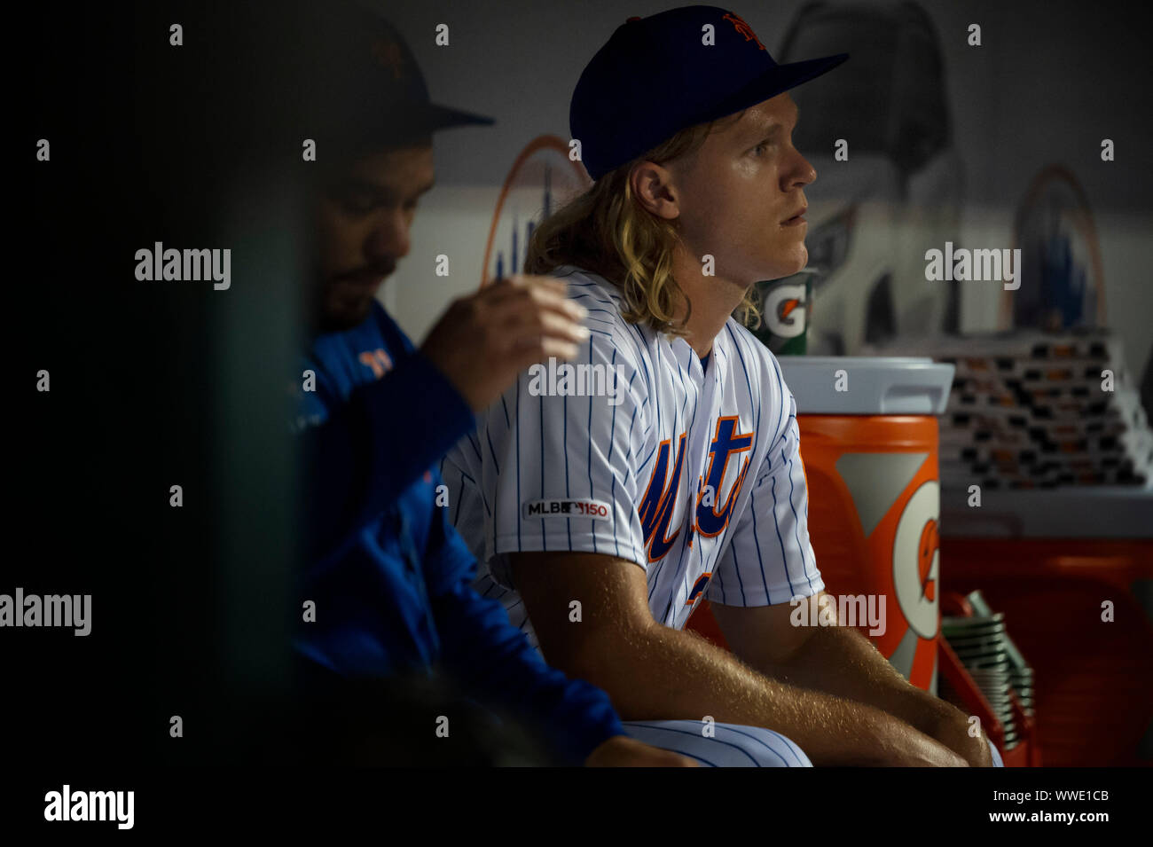September 13, 2019: New York Mets starting pitcher Noah Syndergaard (34) looks on while sitting on the bench during the game between The New York Mets and The Los Angeles Dodgers at Citi Field in Queens, New York. Mandatory credit: Kostas Lymperopoulos/CSM Stock Photo