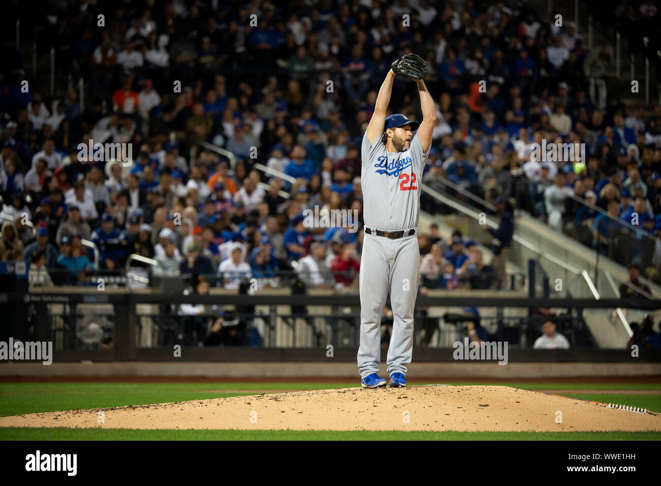 Queens, New York, USA. 13th Sep, 2019. Los Angeles Dodgers starting pitcher Clayton Kershaw (22) winds up to pitch during the game between The New York Mets and The Los Angeles Dodgers at Citi Field in Queens, New York. Mandatory credit: Kostas Lymperopoulos/CSM/Alamy Live News Stock Photo