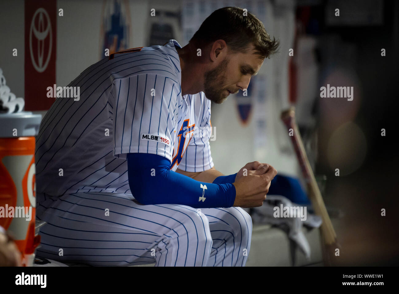 Queens, New York, USA. 13th Sep, 2019. New York Mets left fielder Jeff McNeil (6) sits on the bench in the dugout during the game between The New York Mets and The Los Angeles Dodgers at Citi Field in Queens, New York. Mandatory credit: Kostas Lymperopoulos/CSM/Alamy Live News Stock Photo