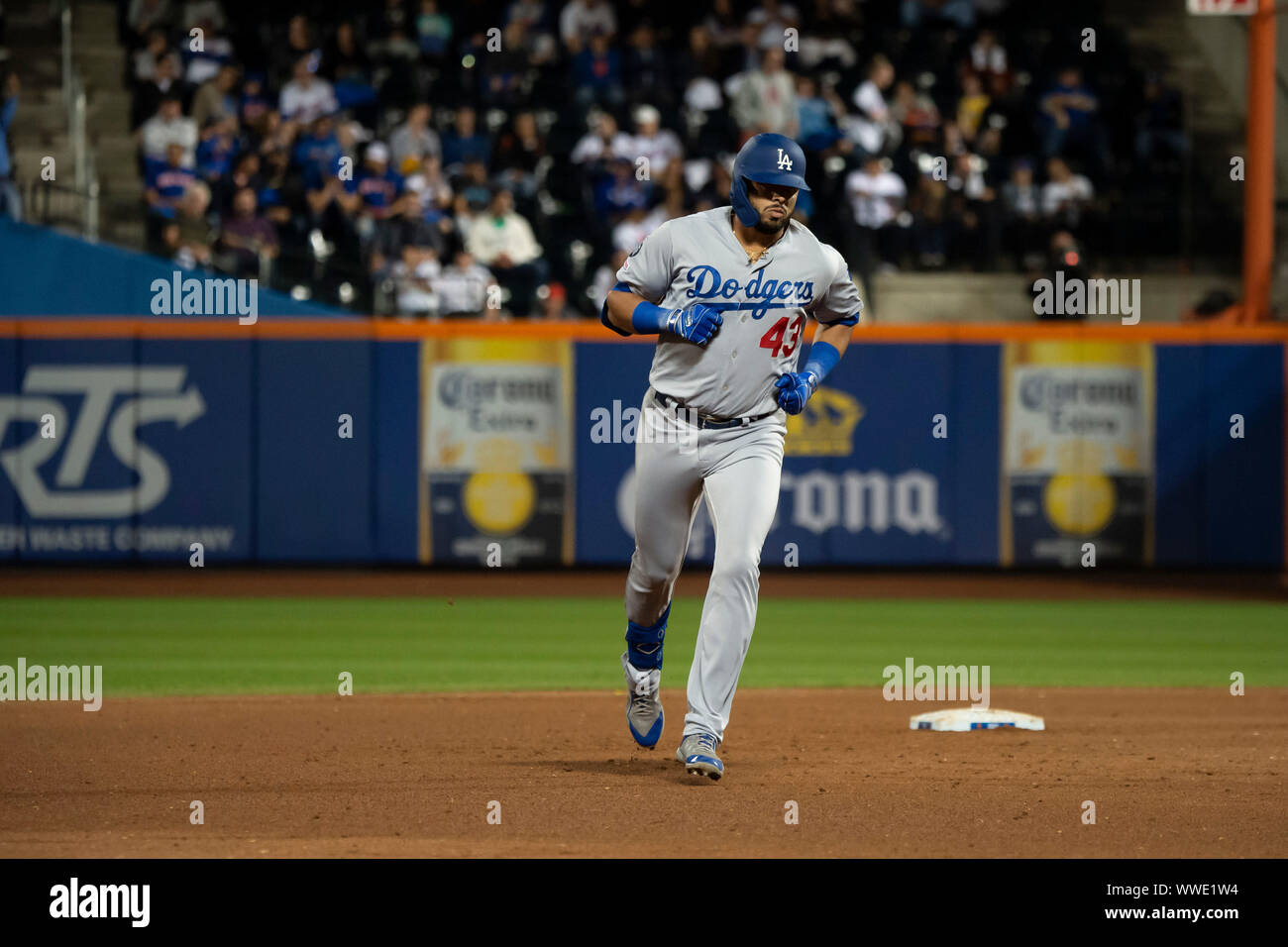 Queens, New York, USA. 13th Sep, 2019. Los Angeles Dodgers third baseman Edwin Rios (43) runs the bases after a home run during the game between The New York Mets and The Los Angeles Dodgers at Citi Field in Queens, New York. Mandatory credit: Kostas Lymperopoulos/CSM/Alamy Live News Stock Photo