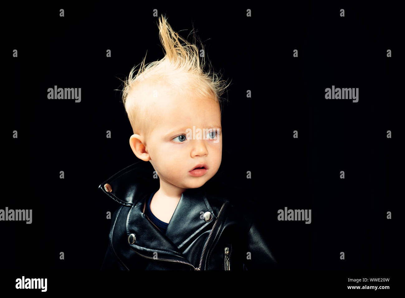 I feel music in my mind as always. Rock style child. Little rock star.  Little child boy in rocker jacket. Rock and roll fashion trend. Adorable  small Stock Photo - Alamy