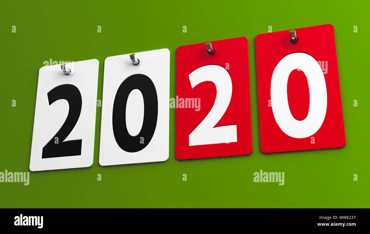 Plates 2020 on green wall, represents the new year 2020, three-dimensional rendering, 3D illustration Stock Photo
