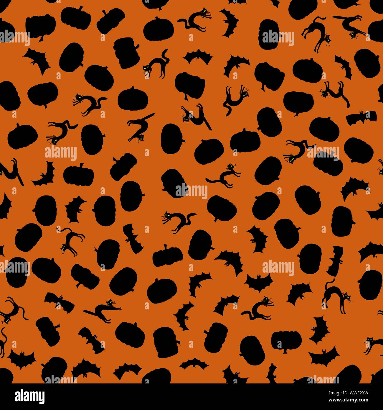 vector halloween seamless pattern - black silhouettes on orange ...