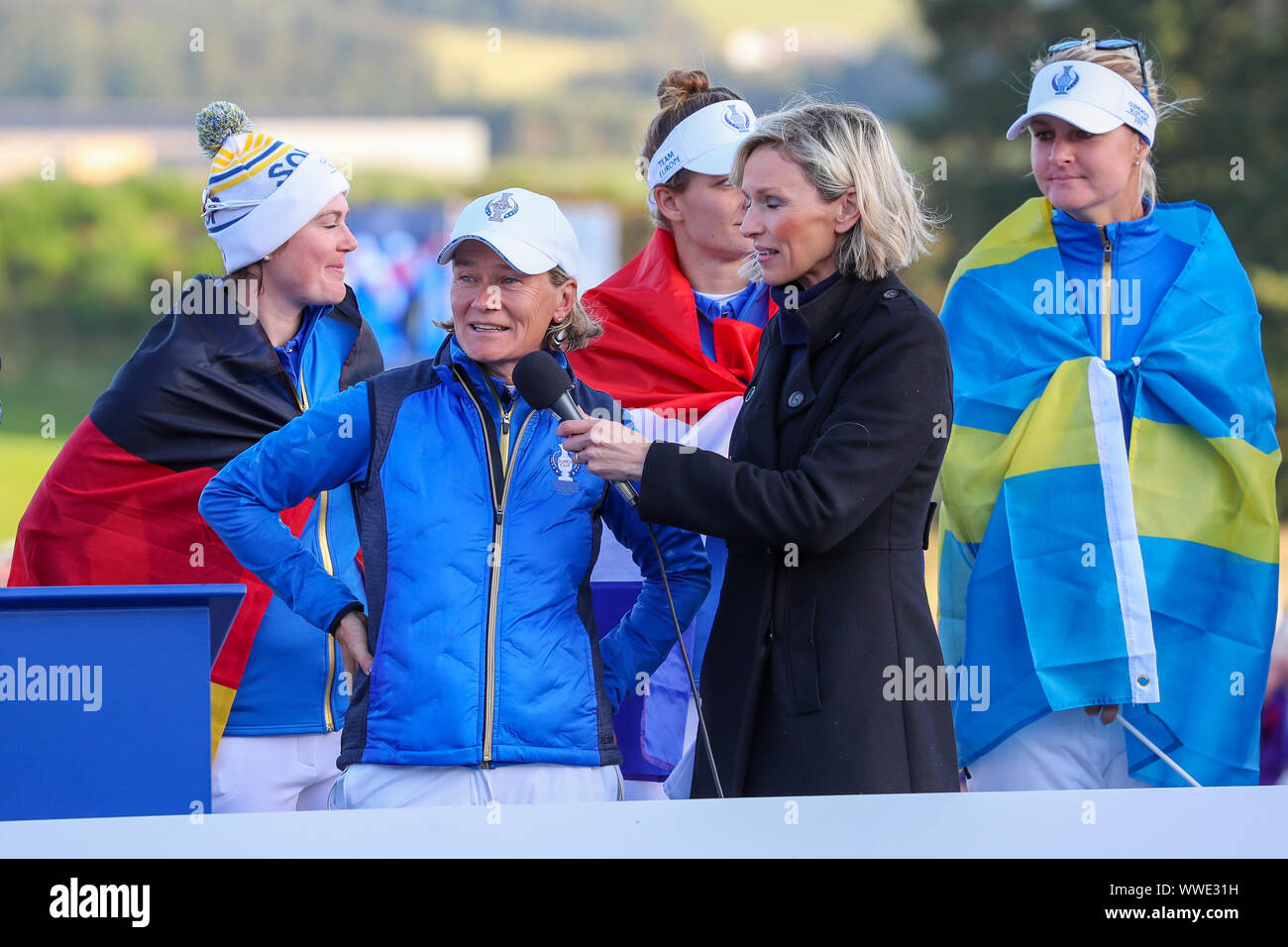 Gleneagles, UK. 15 September 2019. After three days of competitive golf, the European team, captained by Catriona Matthew triumphed over the American side by 14 1/2 points to 13 1/2. The Solheim trophy was presented by John Solheim. Credit: Findlay/ Alamy News. Stock Photo