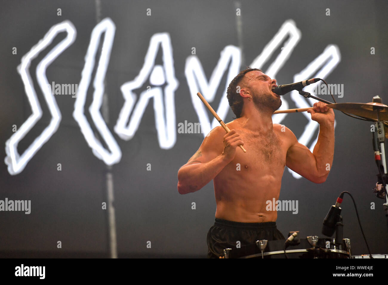 Punk duo Slaves perform during the Peaky Blinders Festival, in Birmingham. Stock Photo